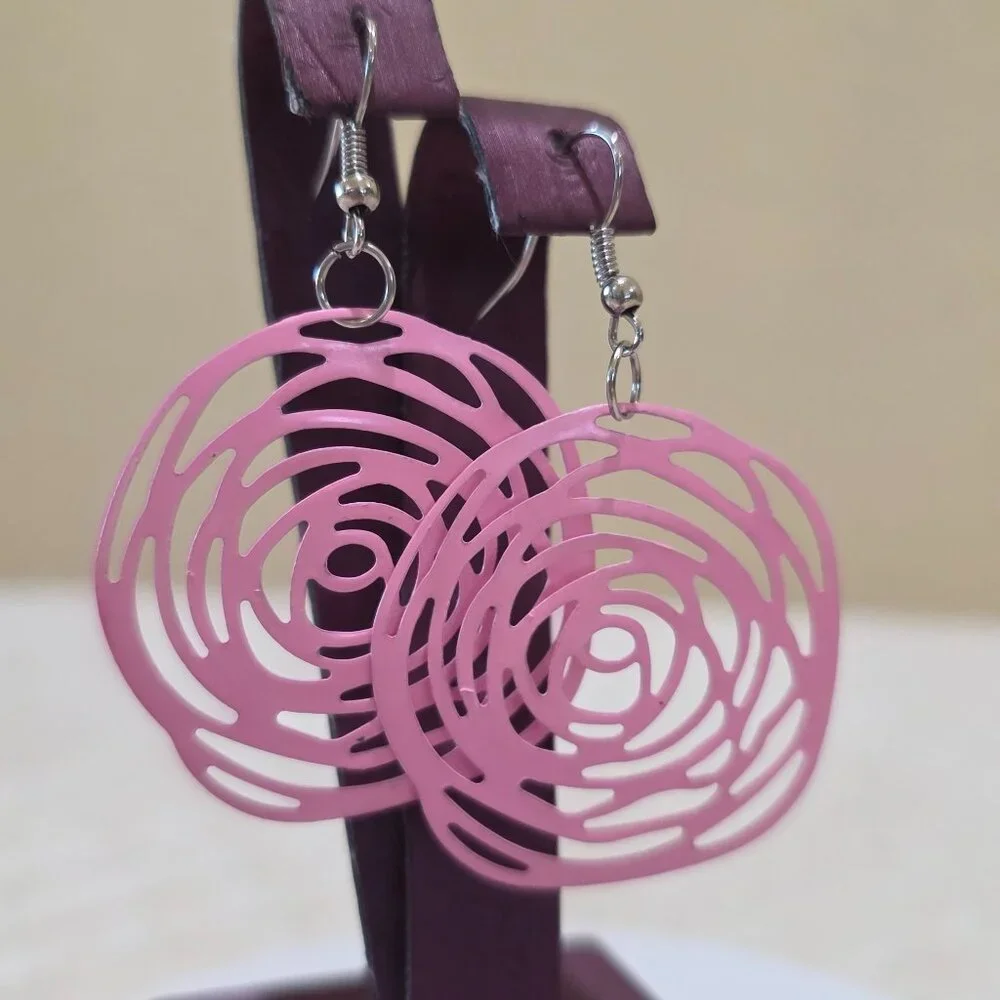 Beautiful Spring Flowers Light Pink Open Work Metal Rose Flower Dangle Earrings